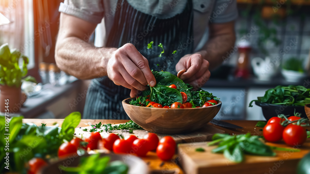 Close-up of a male chef adding greens to a dish, finishing the meal and decorating it in a culinary setting Close-up of a male chef adding greens to a dish, finishing the meal and decorating it in a culinary setting