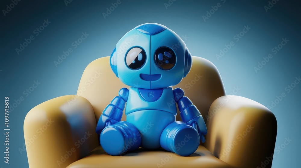 Fototapeta premium Baby Robot 3D Render with Isolated Background in Blue Color Technology Humanoid Robot Future toy Background. Blue Robot 3d isolated background humanoid Futuristic Technology 