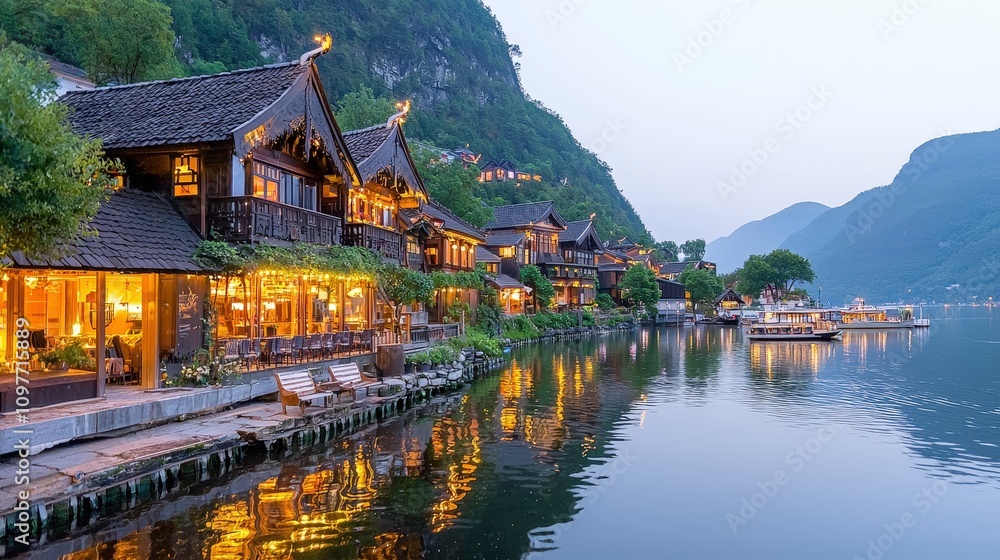 Naklejka premium Illuminated Lakeside Village at Dusk Scenic Mountain Reflections