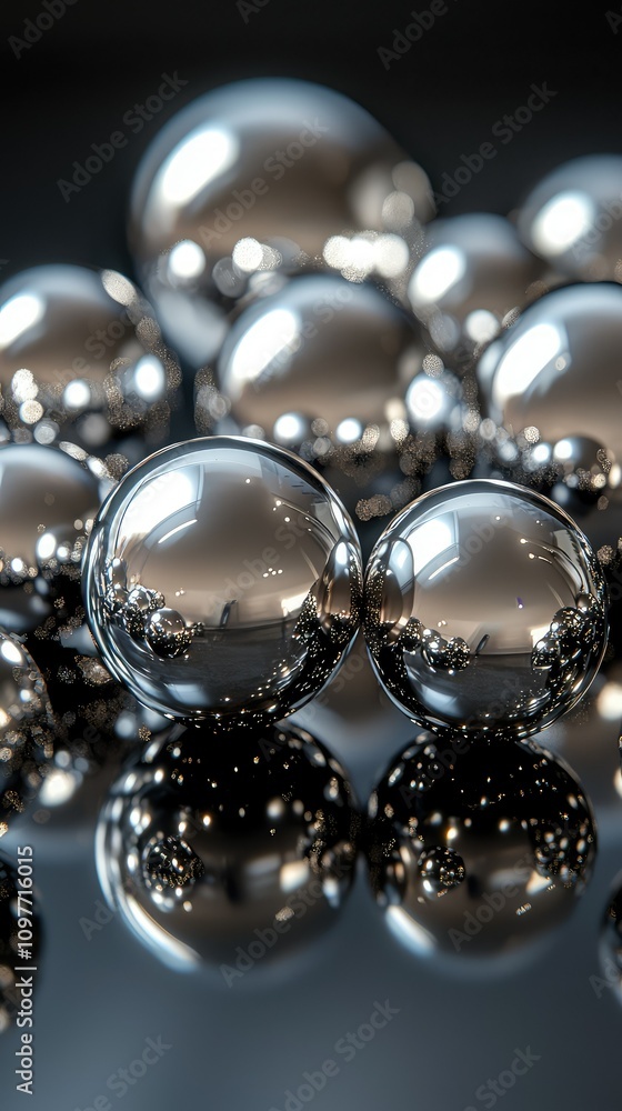 Shiny Metallic Spheres Reflecting Light on a Dark Surface, Creating a Contemporary and Artistic Look Perfect for Abstract Backgrounds and Design Use Shiny Metallic Spheres Reflecting Light on a Dark Surface, Creating a Contemporary and Artistic Look Perfect for Abstract Backgrounds and Design Use