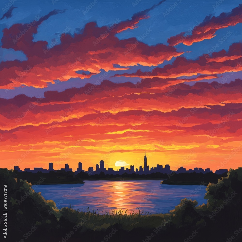 Naklejka premium Vibrant sunset over city skyline reflected in calm water. (1)