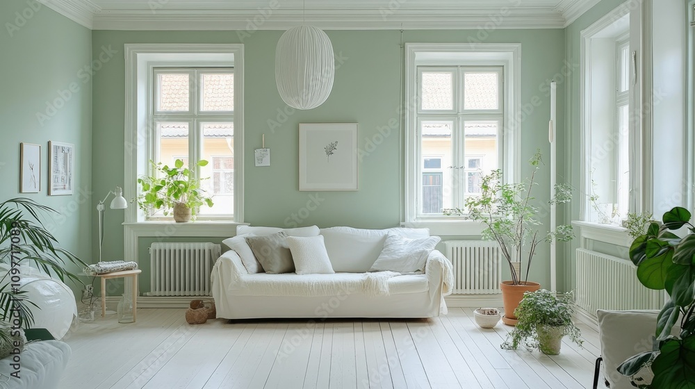 Fototapeta premium A Scandinavian living room with pale mint walls, white furniture, and a light oak floor, complemented by simple decor and potted plants