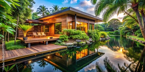 Modern Wooden House by Tranquil Pond with Lush Tropical Foliage - Serene Landscape, Contemporary Architecture, Eco-Friendly Design, Relaxing Retreat, Nature Harmony