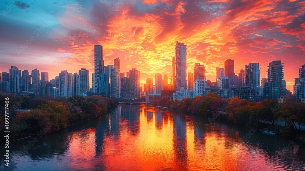 Fototapeta premium Fiery sunrise cityscape reflected in calm river.