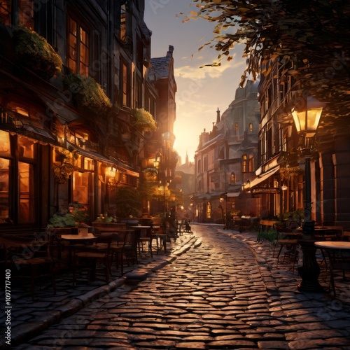 A charming European street with cobblestone paths, warmly lit cafes, and historic architecture at sunset. The golden light enhances the inviting atmosphere, perfect for a quiet evening stroll through