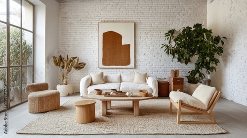 Bright Scandinavian living room with white-painted brick walls, a beige rug, and wooden furniture, accented with cozy knit textures and natural greenery