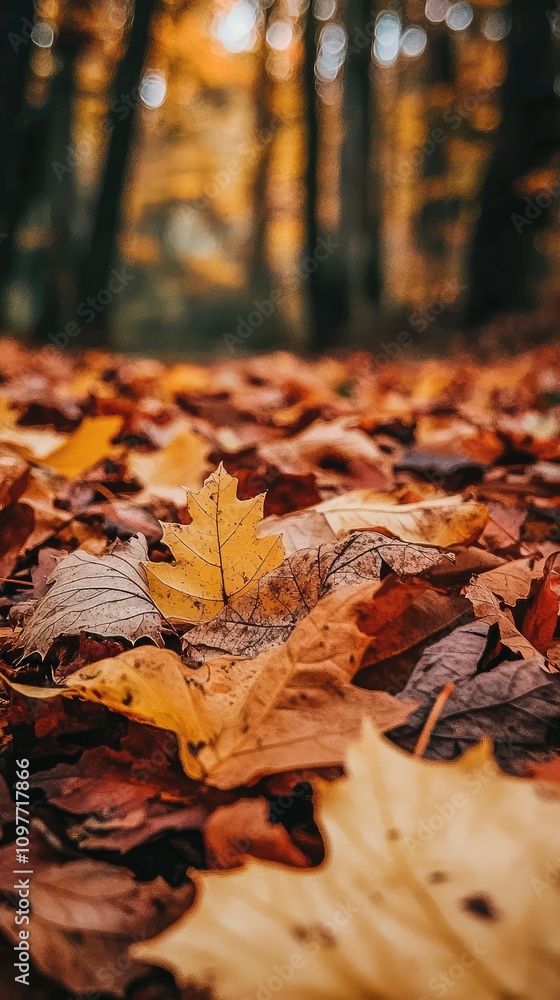 A Beautiful Close-Up of Colorful Autumn Leaves on the Ground in a Tranquil Forest, Capturing the Essence of Fall with Sunlight Peeking Through the Trees A Beautiful Close-Up of Colorful Autumn Leaves on the Ground in a Tranquil Forest, Capturing the Essence of Fall with Sunlight Peeking Through the Trees