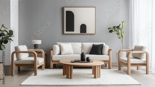 Modern Scandinavian living room with pale grey walls, a white rug, and light oak furniture, styled with simple black and white art on the walls