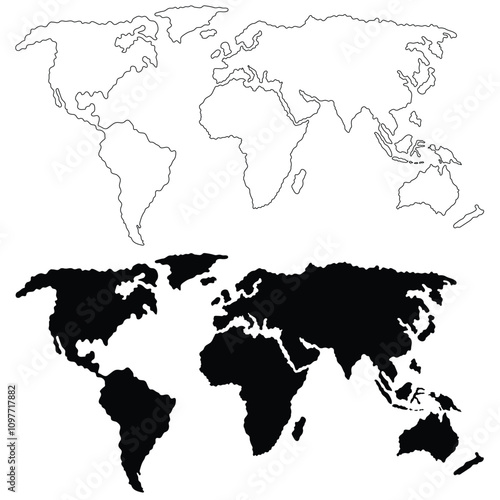 Outline world map vector illustration. Worl map silhouettes
