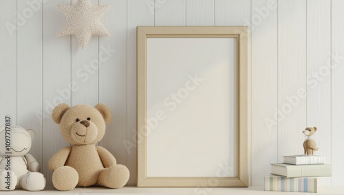 Mockup of Empty Frame on Wall with Teddy Bear and Books in Nursery Room