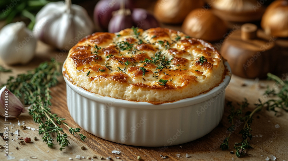 delightful, fluffy souffle served in a round white dish, exuding warmth and comfort, perfect for a cozy and indulgent treat in a beautifully set dining environment delightful, fluffy souffle served in a round white dish, exuding warmth and comfort, perfect for a cozy and indulgent treat in a beautifully set dining environment