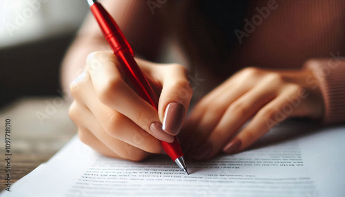 A close-up of a woman’s hand writing on a paper with a red pen, focusing on the act of writing