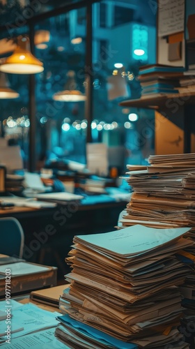 Wallpaper Mural Organized Chaos in a Modern Office Space Filled with Stacked Paperwork, Warm Lighting, and a Cozy Atmosphere Ideal for Creative Work and Productivity Torontodigital.ca