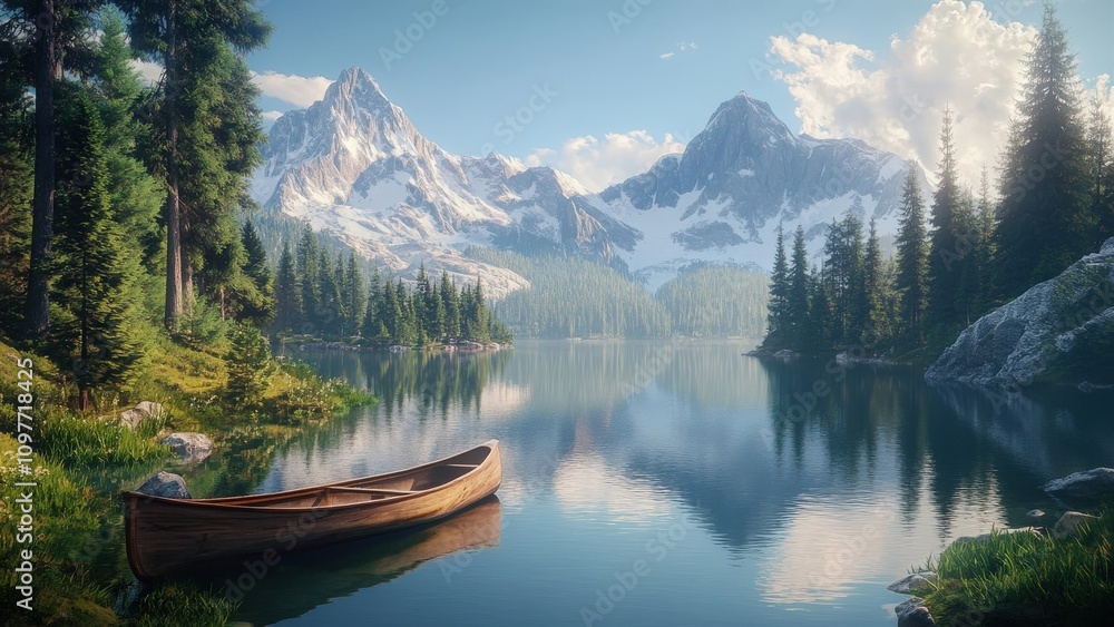 Obraz premium Tranquil Mountain Lake with Canoe and Snow-Capped Peaks