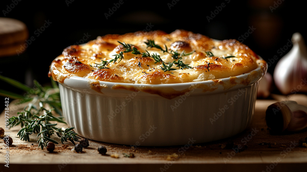delightful, fluffy souffle served in a round white dish, exuding warmth and comfort, perfect for a cozy and indulgent treat in a beautifully set dining environment delightful, fluffy souffle served in a round white dish, exuding warmth and comfort, perfect for a cozy and indulgent treat in a beautifully set dining environment