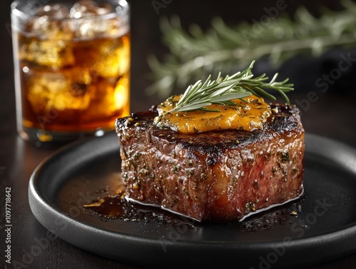 Delicious steak with a garnish, served alongside a drink. photo