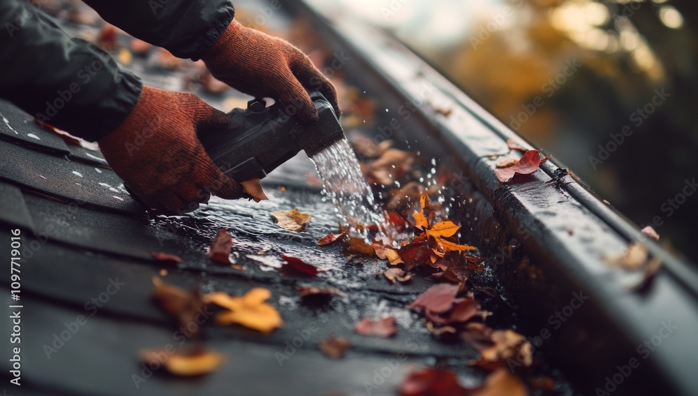 Close-Up of Person Wearing Gloves Cleaning Autumn Leaves from Roof with Sun Setting Behind Close-Up of Person Wearing Gloves Cleaning Autumn Leaves from Roof with Sun Setting Behind