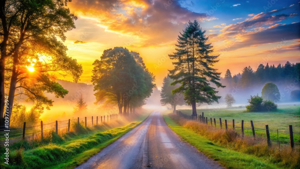 Misty Country Back Road Silhouette at Dawn - Serene Landscape, Foggy Atmosphere, Rustic Charm, Nature's Beauty, Tranquil Pathway, Scenic Drive, Peaceful Wilderness Misty Country Back Road Silhouette at Dawn - Serene Landscape, Foggy Atmosphere, Rustic Charm, Nature's Beauty, Tranquil Pathway, Scenic Drive, Peaceful Wilderness