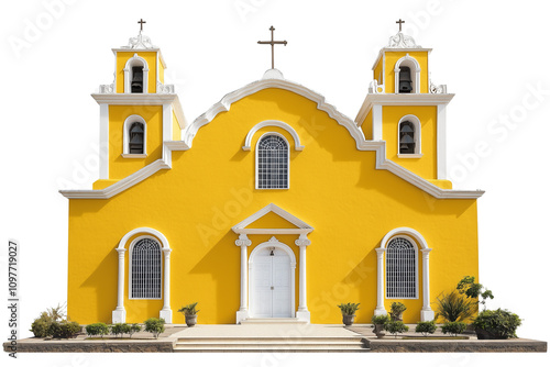 A yellow church with white trim, in the style of, isolated on a transparent background.
