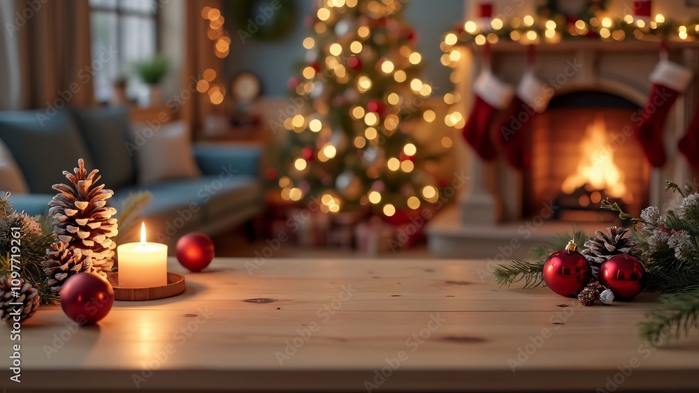 Empty Wooden Table Christmas Scene, Product Display Empty Wooden Table Christmas Scene, Product Display