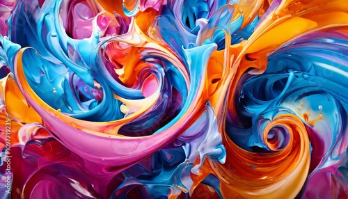 A captivating swirl of vibrant colors creates an abstract composition, resembling fluid paint in motion. The mix of blues, oranges, pinks, and purples delivers a sense of energy and creativity.. AI