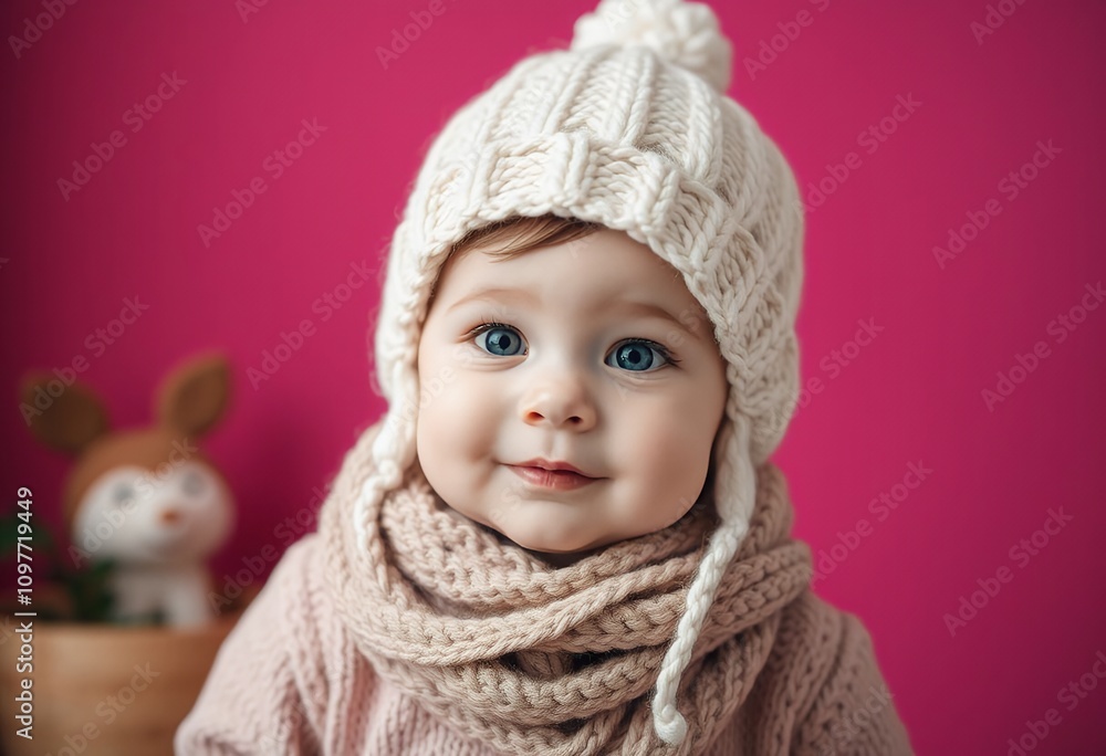 Adorable Baby in Knit Hat and Scarf Winter Fashion Child Portrait Adorable Baby in Knit Hat and Scarf Winter Fashion Child Portrait