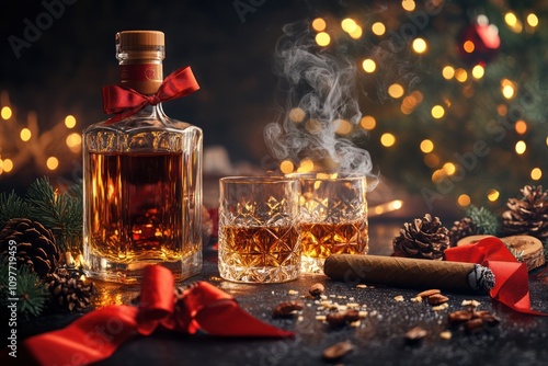 Christmas celebration with whiskey and cigar