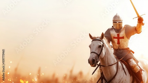 A knight in armor charges into battle on a white horse, wielding a sword against a fiery backdrop.