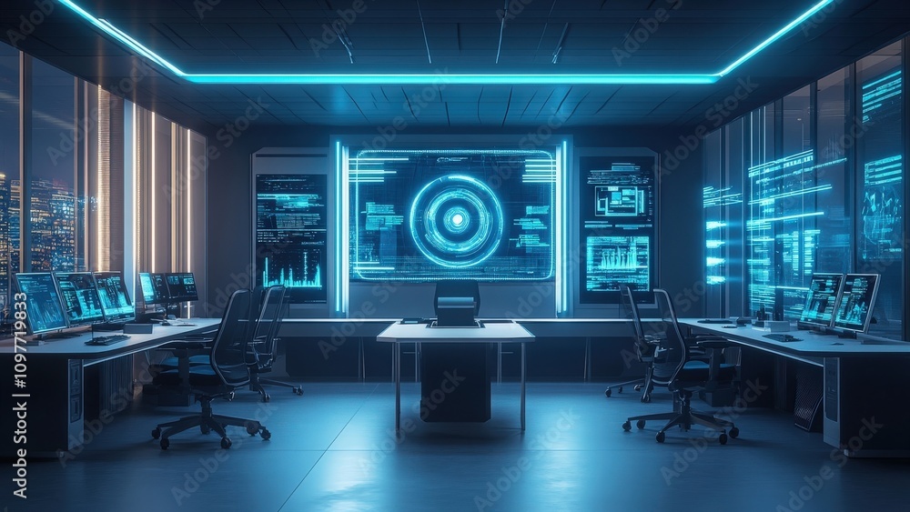 Futuristic control room with digital interfaces and neon lighting Futuristic control room with digital interfaces and neon lighting