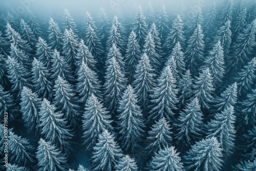 Aerial drone photo of a snow-covered forest, capturing serene winter textures from above.