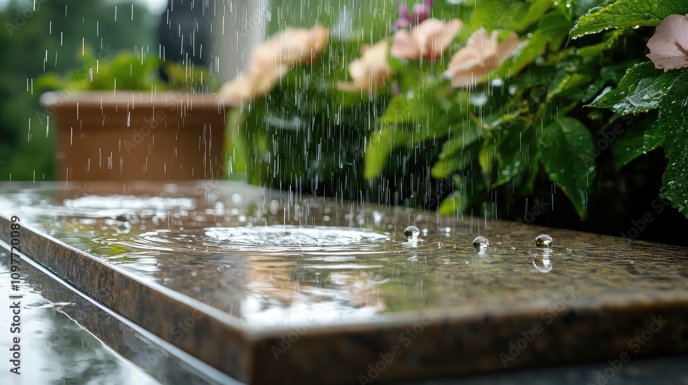 Fototapeta premium Close-Up of Raindrops Falling on a Smooth Stone Surface Surrounded by Vibrant Green Leaves and Colorful Flowers in a Tranquil Garden Setting