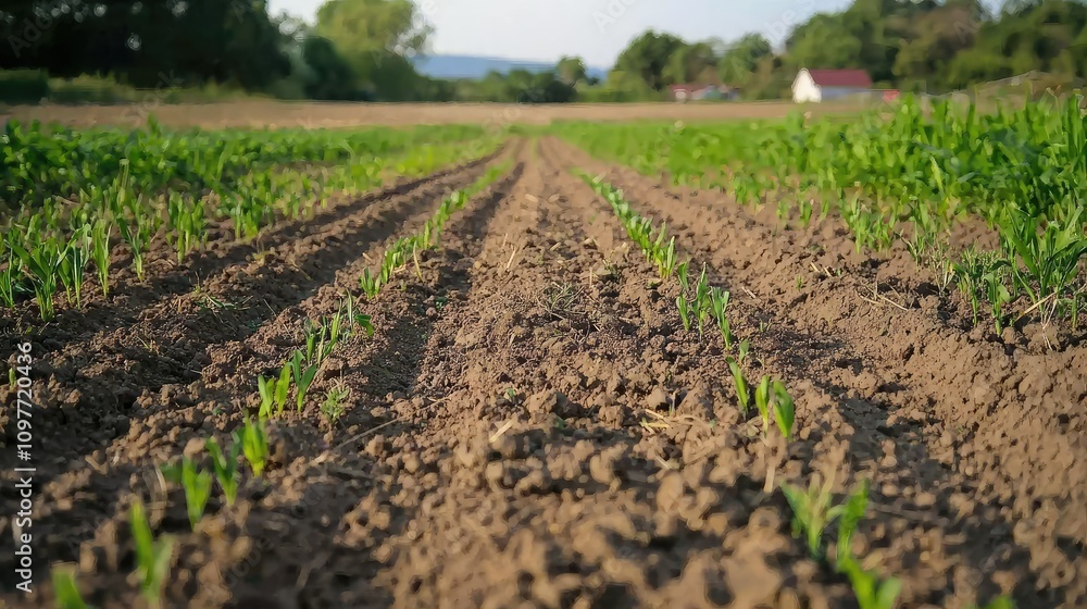 Fresh Green Sprouts Emerging from Fertile Soil in a Vibrant Agricultural Landscape Under Clear Blue Skies with a Rustic Farmhouse in the Background Fresh Green Sprouts Emerging from Fertile Soil in a Vibrant Agricultural Landscape Under Clear Blue Skies with a Rustic Farmhouse in the Background