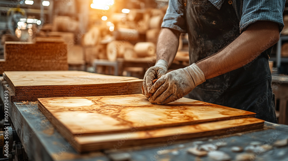craftsman's hand inspects a piece of MDF and wood, focusing on the texture and quality, symbolizing attention to detail, precision, craftsmanship, and the value of handcrafted design work craftsman's hand inspects a piece of MDF and wood, focusing on the texture and quality, symbolizing attention to detail, precision, craftsmanship, and the value of handcrafted design work
