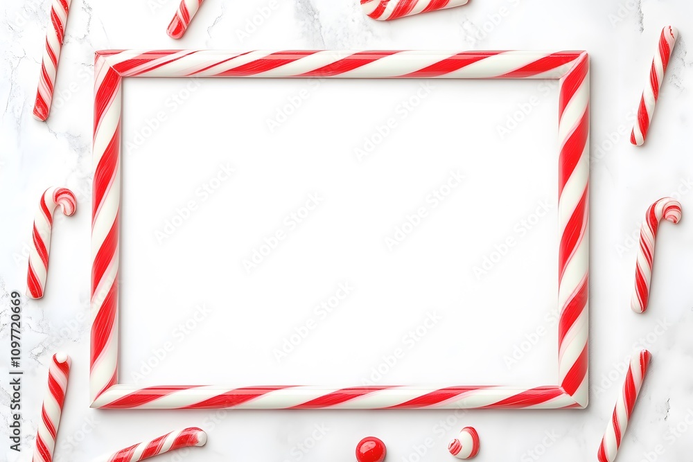 Candy Cane Frame on White Marble Background Candy Cane Frame on White Marble Background
