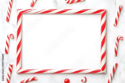 Candy Cane Frame on White Marble Background photo