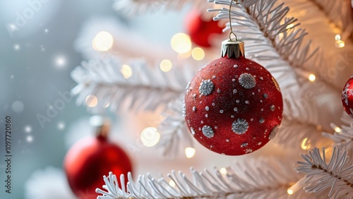 Close-up Macro of Red & Silver Christmas Ornaments on White Tree photo