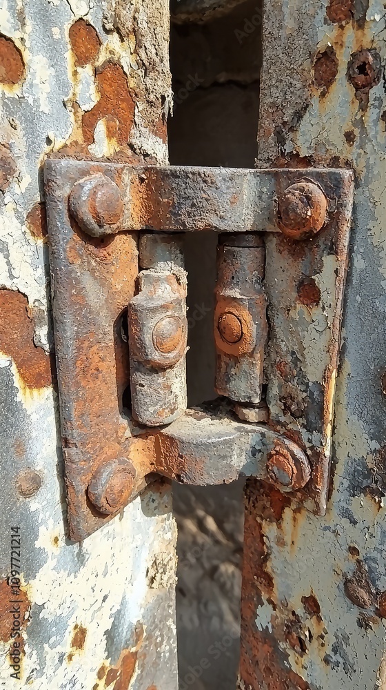 Detailed Close-up of a Rusty Metal Hinge on a Weathered Door, Capturing Texture, Color, and Signs of Wear in an Industrial Setting Detailed Close-up of a Rusty Metal Hinge on a Weathered Door, Capturing Texture, Color, and Signs of Wear in an Industrial Setting