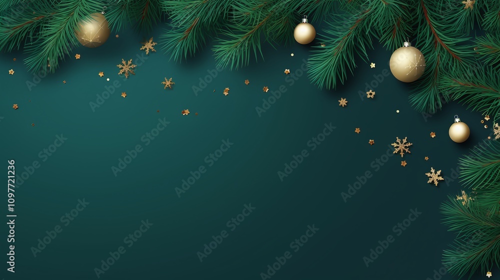 Festive green background with ornaments and evergreen branches. Festive green background with ornaments and evergreen branches.