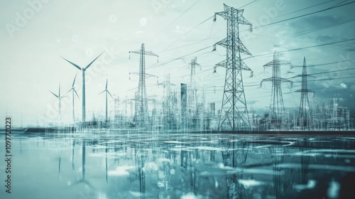 Double exposure of high voltage electricity pylons and wind turbines on blue background