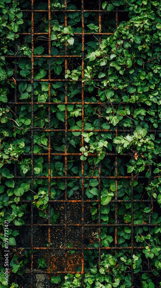 Rusty Metal Grid Covered with Lush Green Ivy Leaves, Textured Background of Nature and Urban Decay, Perfect for Eco-Friendly and Urban Aesthetic Themes Rusty Metal Grid Covered with Lush Green Ivy Leaves, Textured Background of Nature and Urban Decay, Perfect for Eco-Friendly and Urban Aesthetic Themes
