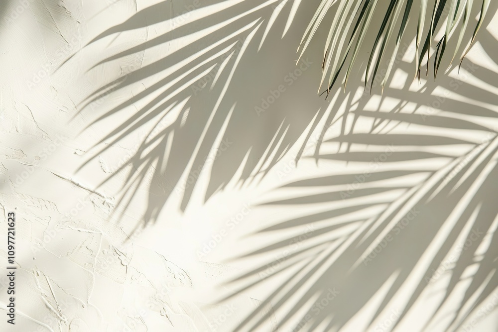 Fototapeta premium Tropical palm leaf shadows on light background for summer mock up.