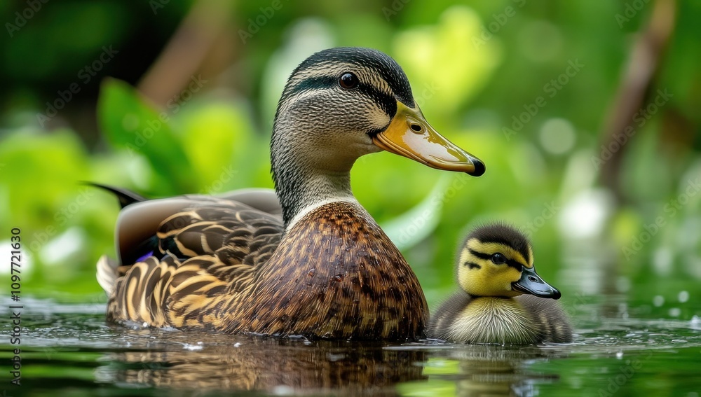 Obraz premium A duck and its duckling are swimming in the water