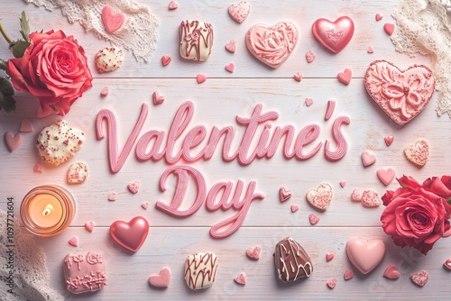 Bright Valentine's Day flat lay in elegant pink cursive, surrounded by roses, heart-shaped chocolates, lace, candy hearts, and a lit candle on a light wooden background. Perfect