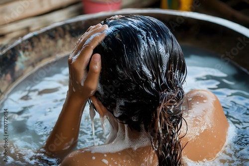 Refreshing Hair Wash in Rustic Setting photo