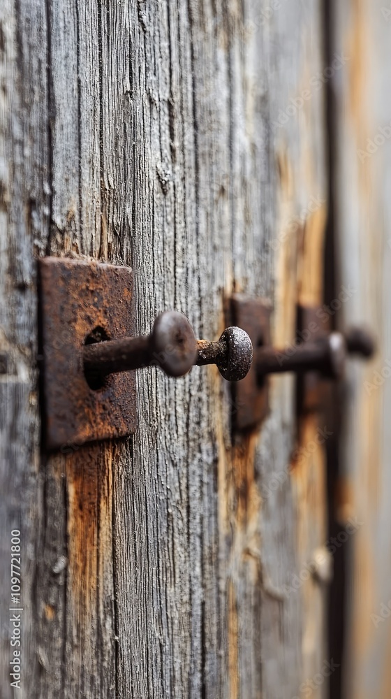 Detailed Close-up of Weathered Wooden Door with Rusty Iron Fasteners Showing Texture and Age of Materials Under Natural Light Conditions Detailed Close-up of Weathered Wooden Door with Rusty Iron Fasteners Showing Texture and Age of Materials Under Natural Light Conditions