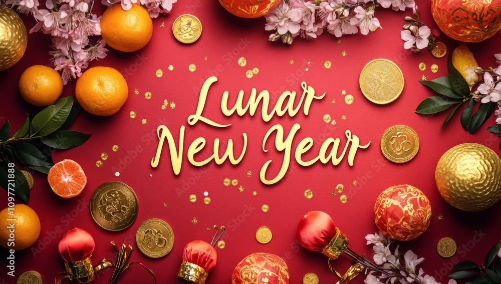 Happy Chinese Year in elegant gold cursive on a vibrant red background, surrounded by traditional Chinese decorations: gold ingots, oranges, lanterns, floral accents, and greenery. Happy Chinese Year in elegant gold cursive on a vibrant red background, surrounded by traditional Chinese decorations: gold ingots, oranges, lanterns, floral accents, and greenery.