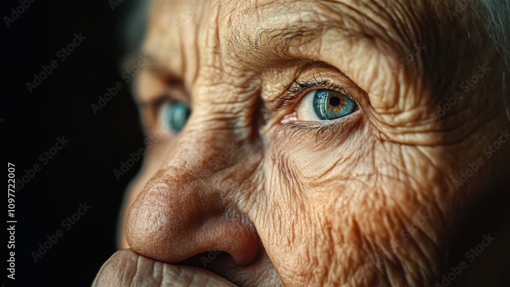 Close-up of an elderly woman's eye with rich textures and details Close-up of an elderly woman's eye with rich textures and details