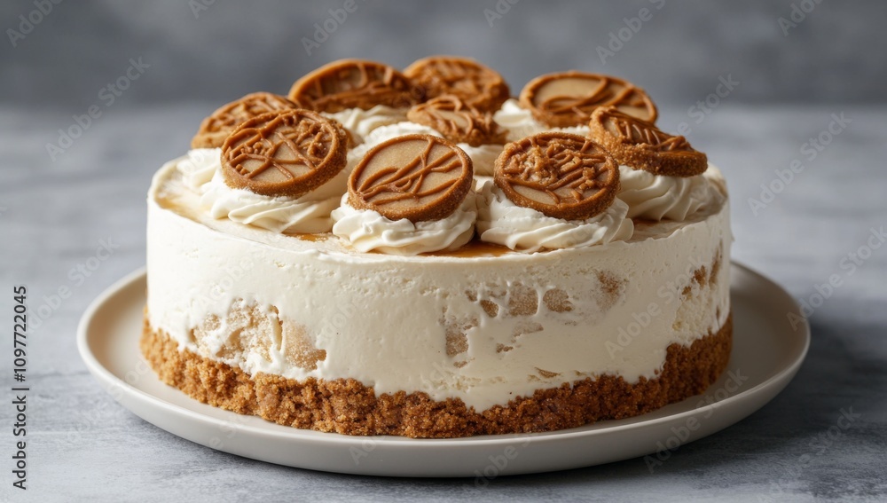 Round Beige and White Ice Cream Cake with Golden Brown Crust, Topped with Large Caramel Toffee Cookies on Creamy Textured Base, Centered on Plate, Gray Background Round Beige and White Ice Cream Cake with Golden Brown Crust, Topped with Large Caramel Toffee Cookies on Creamy Textured Base, Centered on Plate, Gray Background