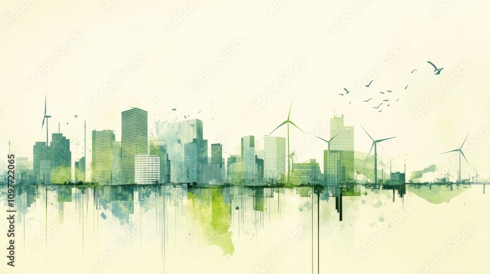 Obraz premium Modern city skyline with wind turbines in watercolor style. Vector illustration.