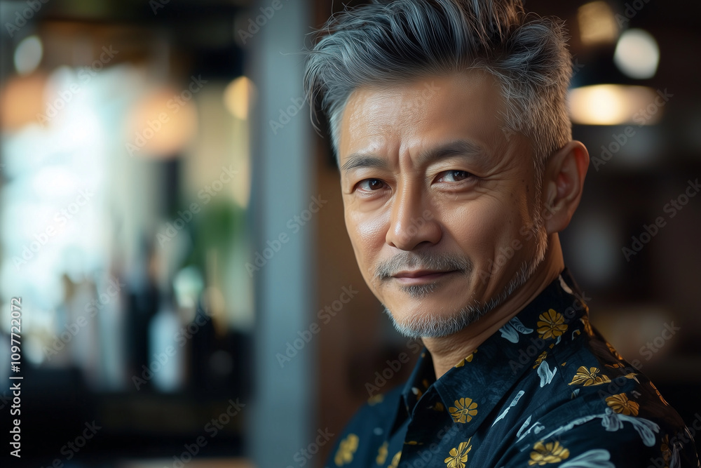 a stylish and mid-aged male Asian hairdresser with a half-length portrait who faces toward the camera a stylish and mid-aged male Asian hairdresser with a half-length portrait who faces toward the camera